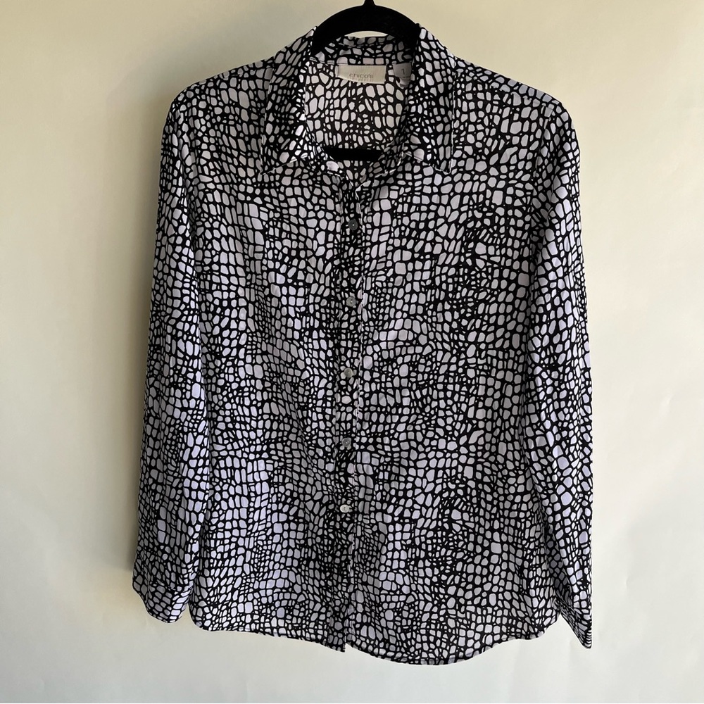 Chico’s Long Sleeve Blouse Black White Sz 1 Med 8 Button Up Collared